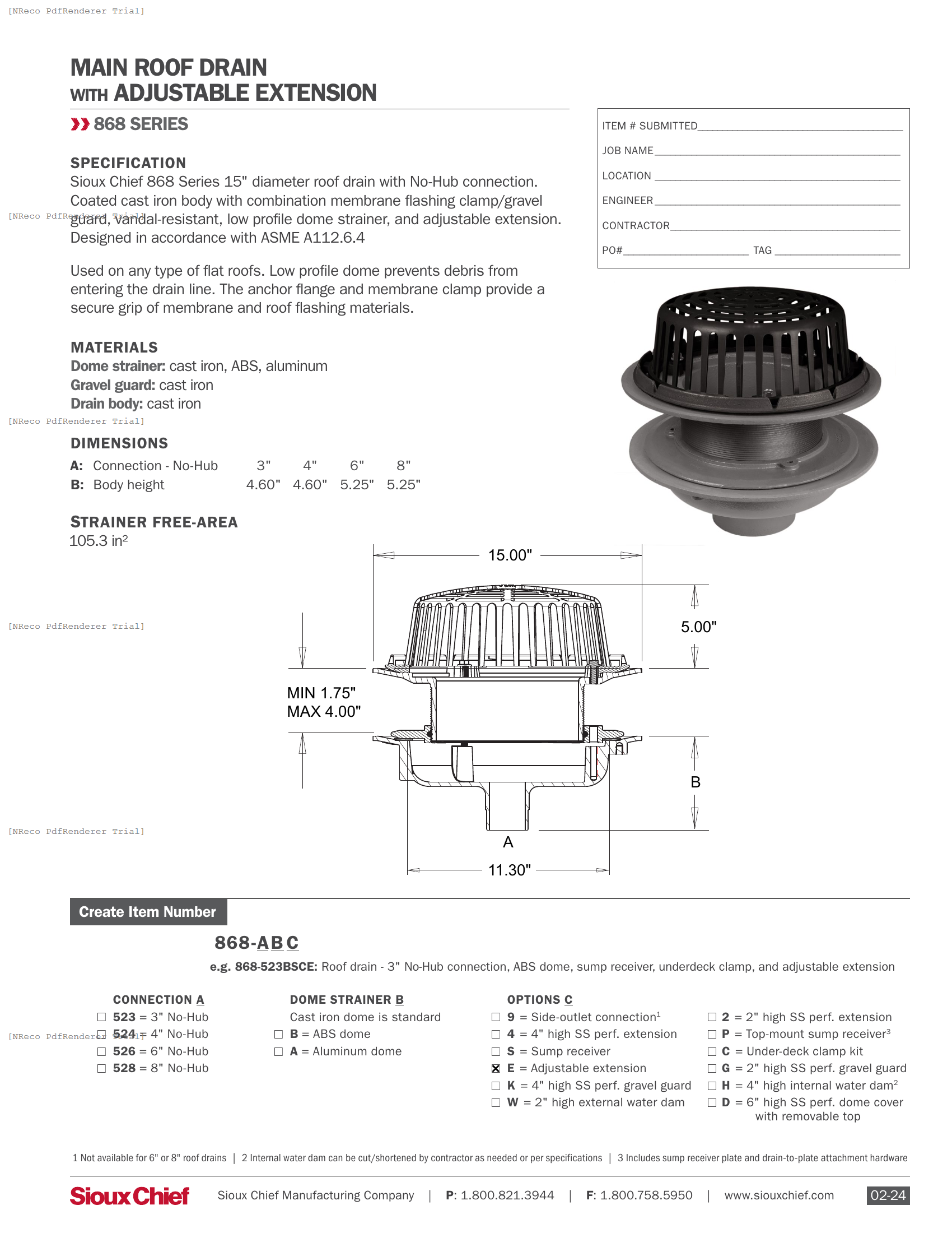 868-52 SERIES - ROOF DRAIN WITH ADJ EXTENSION - SPEC SHEET.PDF Specification Document